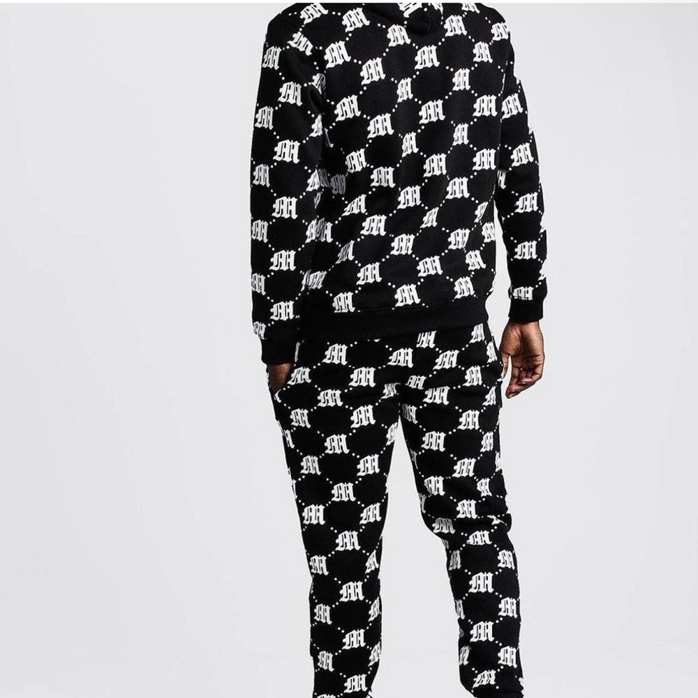 BoohooMAN Black Monogram Tracksuit Set 2XL Hoodie Joggers Streetwear Athleisure - Picture 3 of 4